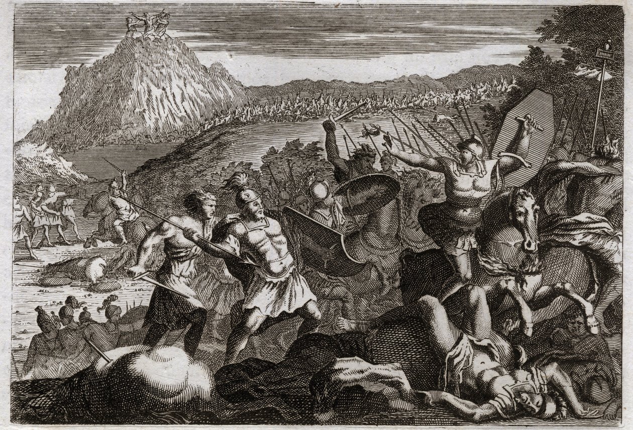 Royaumontin raamattu, Vanha testamentti: Amalekin (Amalekin) tappio. Mooses sai voiton amalekilaisista pitäen kätensä korkealla taivaassa. Kuvitus vuodelta 1811. tekijältä Unknown artist