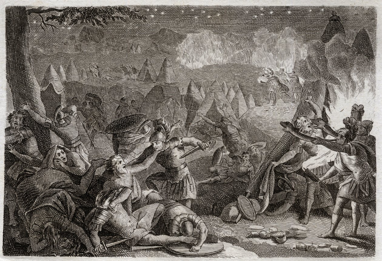 Royaumontin raamattu, Vanha testamentti: Midianilaisten tappio trumpettien soinnilla ja lamppujen valolla. Kuvitus vuodelta 1811. tekijältä Unknown artist