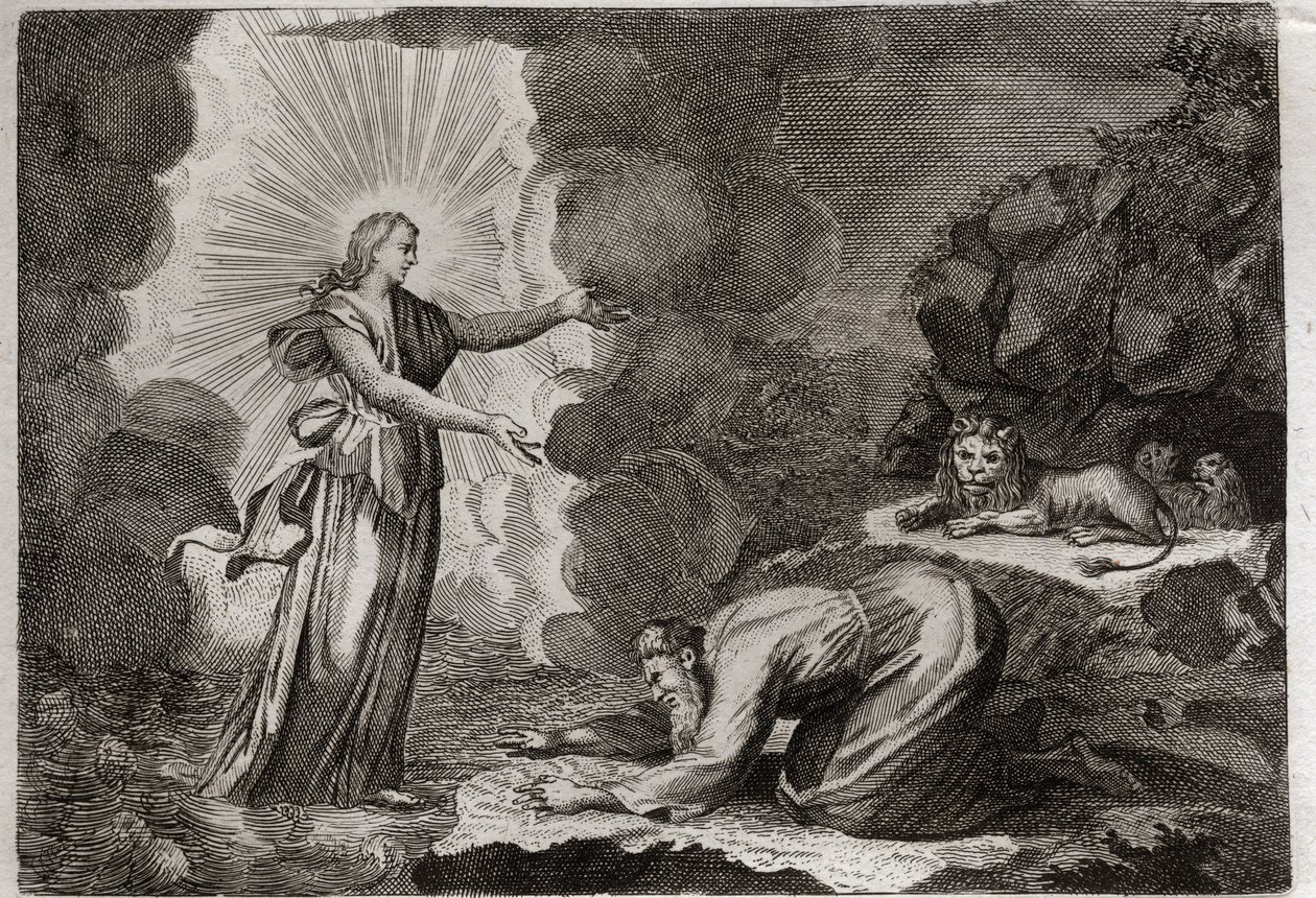 Royaumontin raamattu, Vanha testamentti: Danielin vapautuminen. Daniel leijonien luolassa on ihmeellisen humalassa. Kuvitus vuodelta 1811. tekijältä Unknown artist
