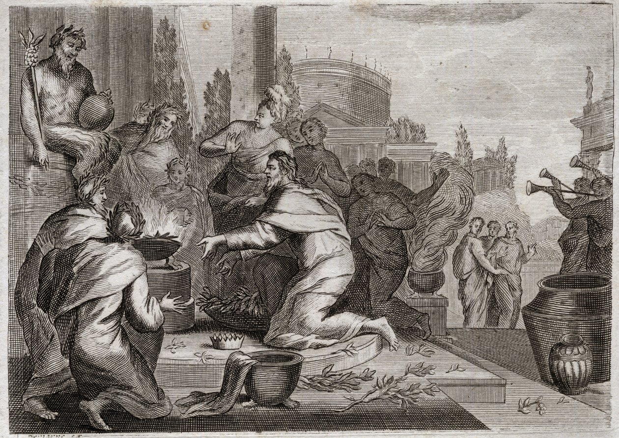 Royaumontin raamattu, Vanha testamentti: Salomon lankeemus. Salomo on naisten turmeltunut, ja hän tarjoaa suitsukkeita väärien jumalien epäjumalille. Hänen kuolemansa. Kuvitus vuodelta 1811. tekijältä Unknown artist