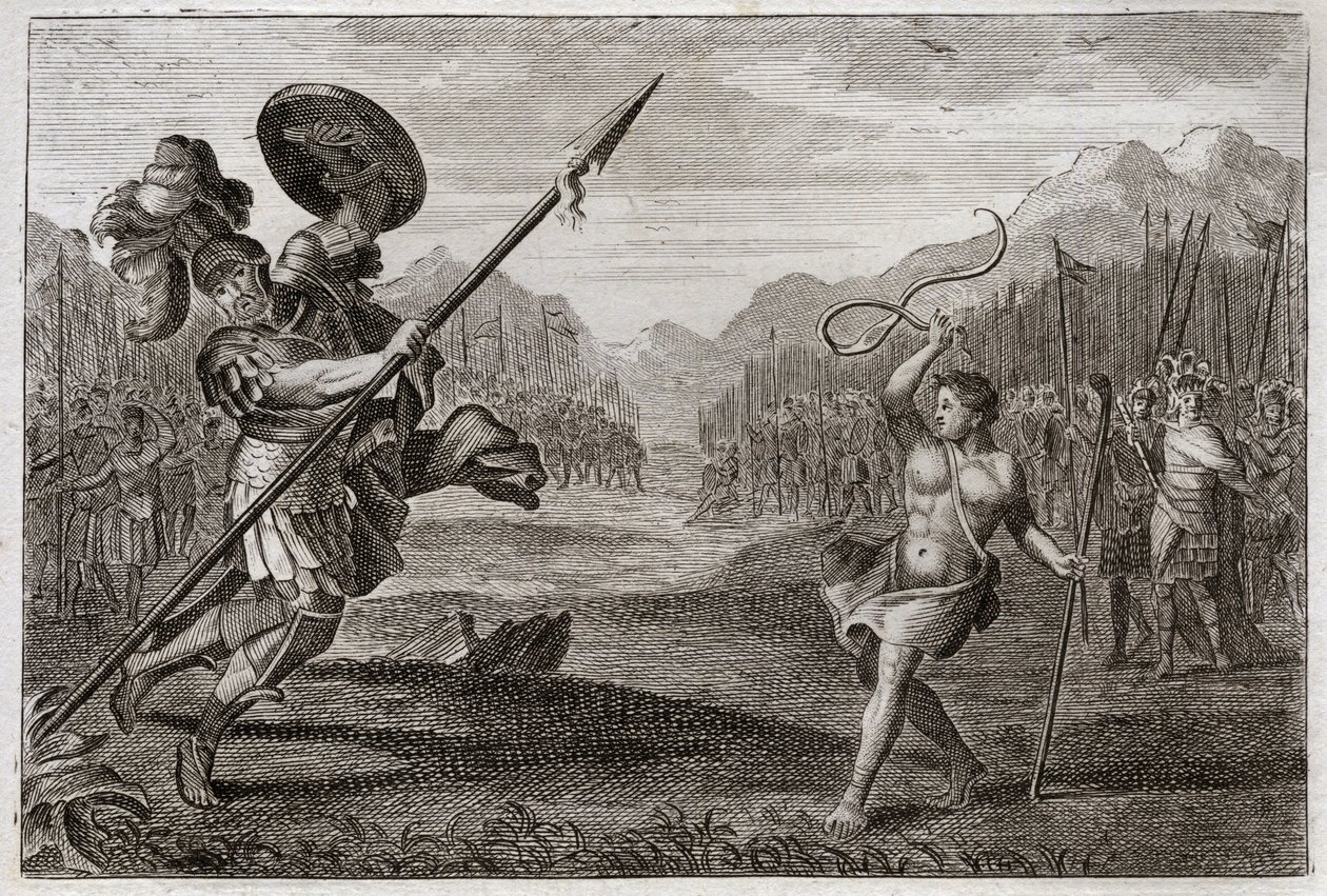 Royaumontin raamattu, Vanha testamentti: jättiläinen Goljat. Daavid voitti Goljatin, filistealaisen, joka on mahtavan suuruus, ase vain rintarella ja kepillä. Kuvitus vuodelta 1811. tekijältä Unknown artist