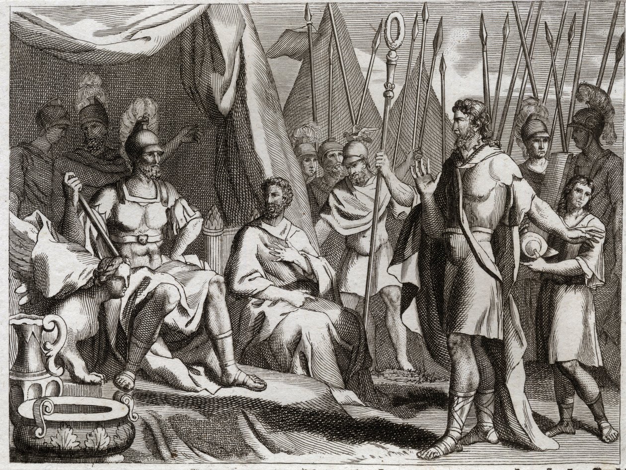 Royaumontin raamattu, Vanha testamentti: Holoferne. Nebukadnessar II:n käsivarren kenraali Holoferne lähestyy Juudeaa. Ahior, ammonilaisten kuningas, joka tuli antamaan hänelle takaisin, nostaa Holofernen eteen juutalaisten Jumalan voimaa. Kuva 181 tekijältä Unknown artist