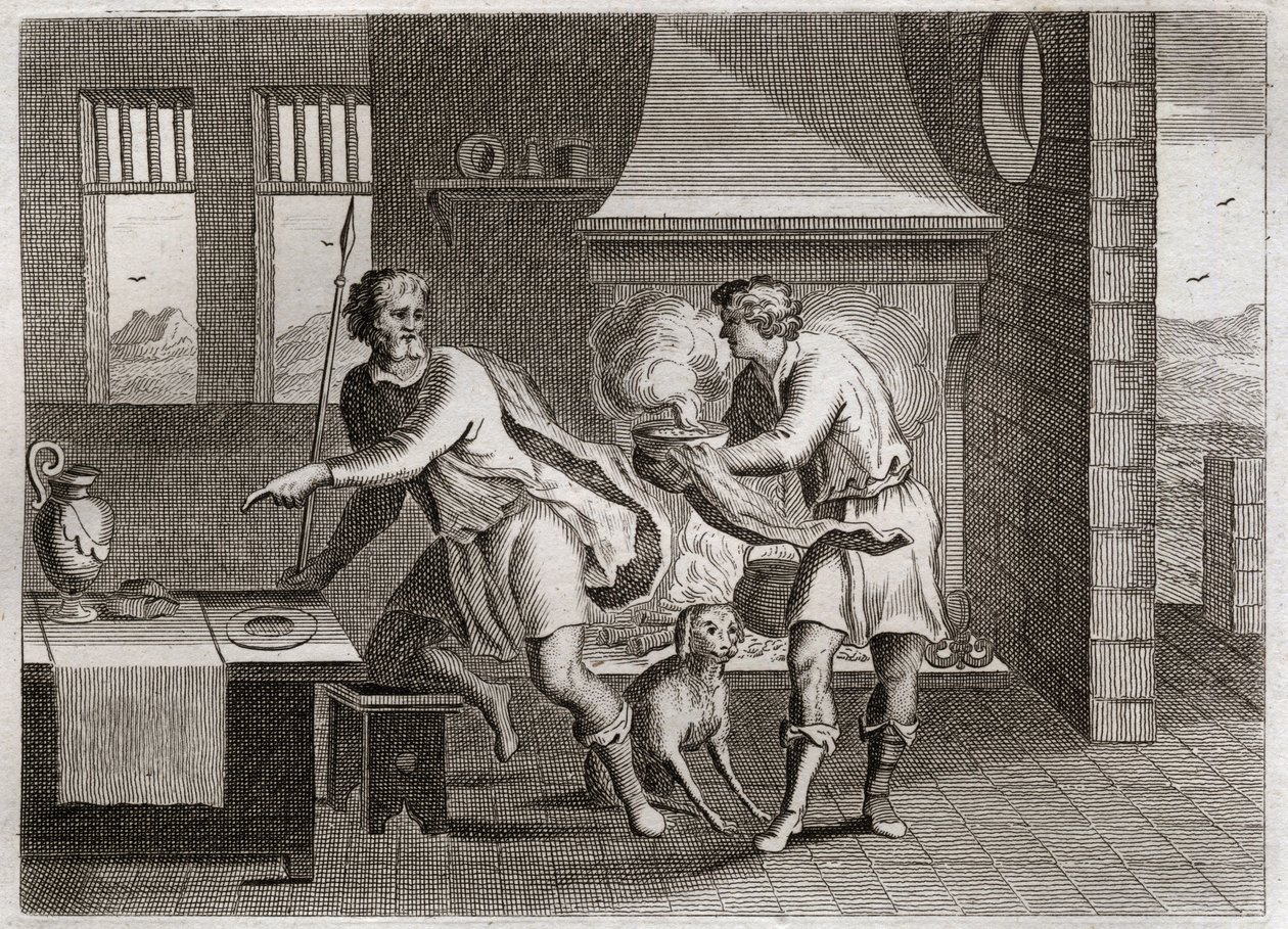 Royaumontin raamattu, Vanha testamentti: Jaakob ja Esau. Esau myy isoisänsä veljensä Jaakobin linssejä vastaan. Kuvitus vuodelta 1811. tekijältä Unknown artist