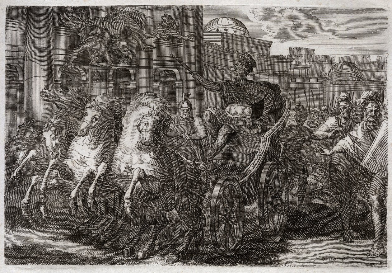 Royaumontin raamattu, Vanha testamentti: Jezabel syö koiria. Jehu heittää Jezabelin ulos ikkunasta, ja hänet on syöty koirilta. Kuvitus vuodelta 1811. tekijältä Unknown artist