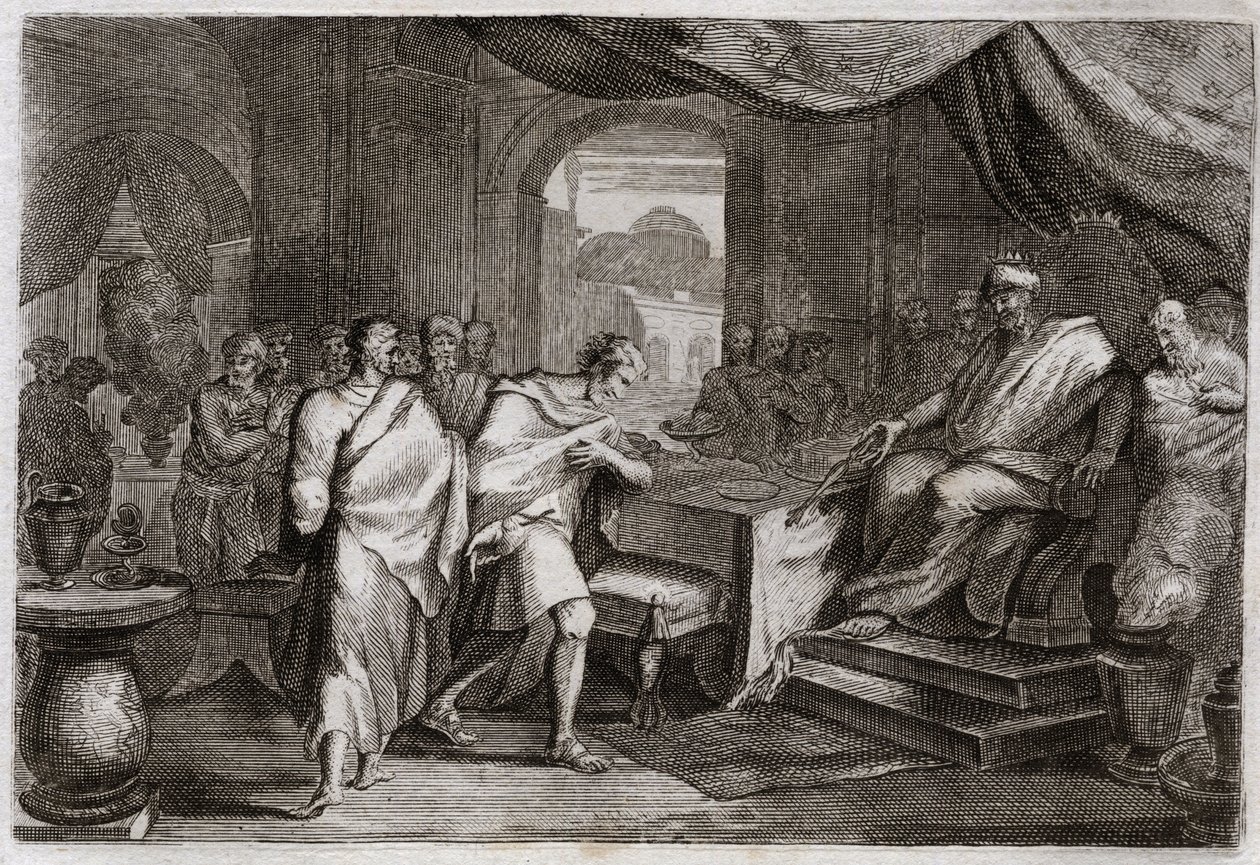 Royaumontin raamattu, Vanha testamentti: Joachim ampuu rautaa. Evilmerodak (Evil Merodac, Evil Merodac), Babylonin kuningas Nebukadnessar II:n kuoleman jälkeen kohtelee Joakimia (Joakim, Joakin, Jehonja), joka oli entinen Juudan kuningas, ja vetää hänet ra tekijältä Unknown artist