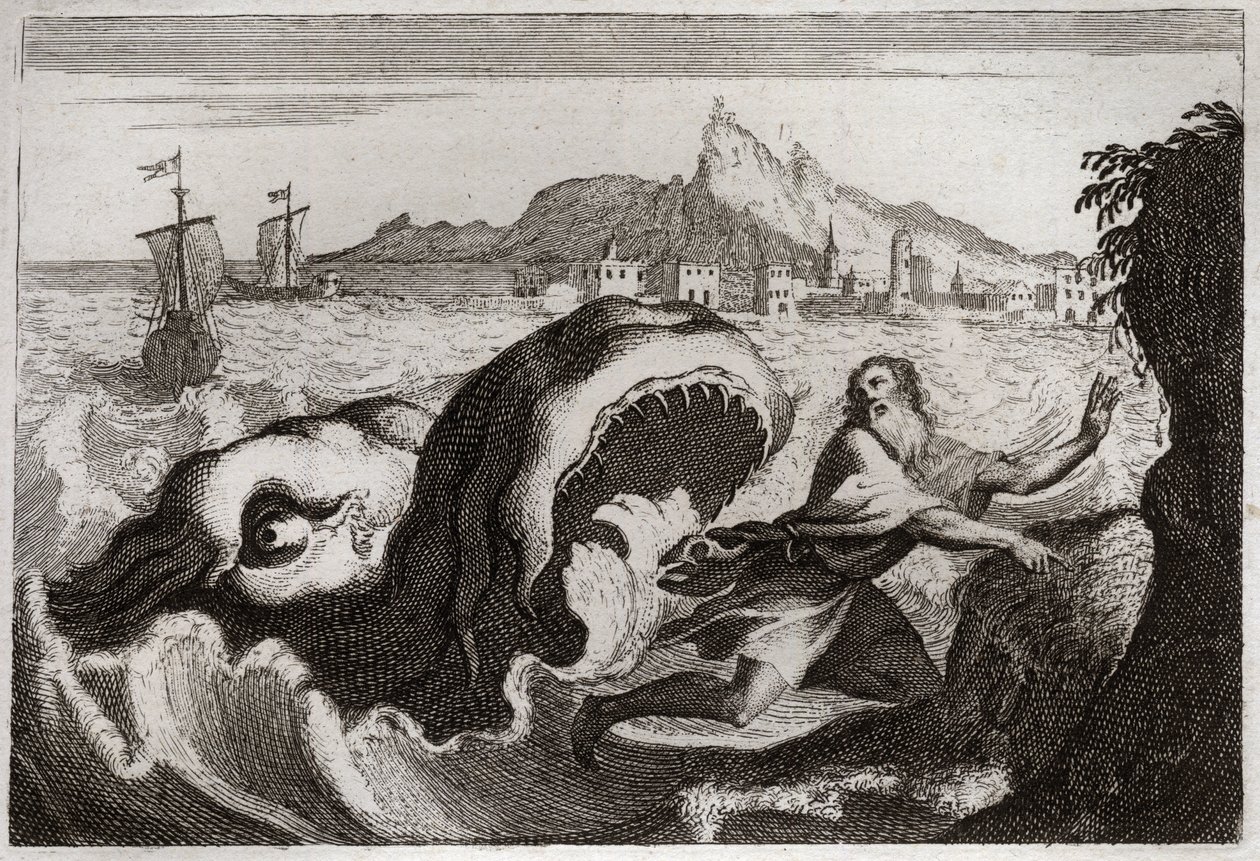 Royaumontin raamattu, Vanha testamentti: Joona valaassa. Profeetta Jonas asuu valaassa ja tulee ulos elävänä. Kuvitus vuodelta 1811. tekijältä Unknown artist