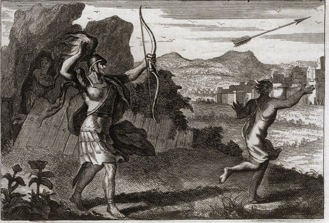 Royaumontin raamattu, Vanha testamentti: Jonathan ja David. Ja kun Joonatan näki isänsä katkeran, Saul varoitti häntä vetäytymään. Kuvitus vuodelta 1811. tekijältä Unknown artist