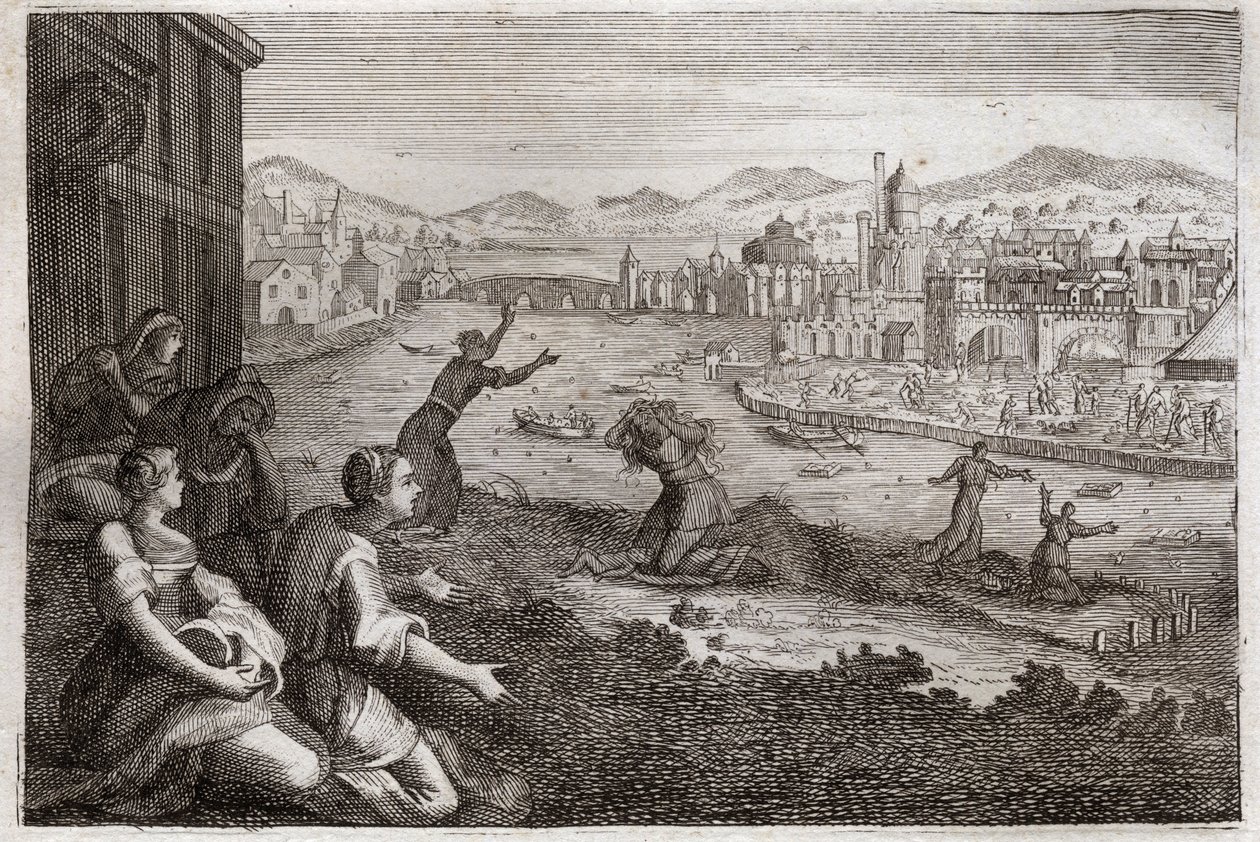 Royaumontin raamattu, Vanha testamentti: Egyptin kätilöt. Farao heittää israelilaisten poikalapset Niiliin. Kuvitus vuodelta 1811. tekijältä Unknown artist