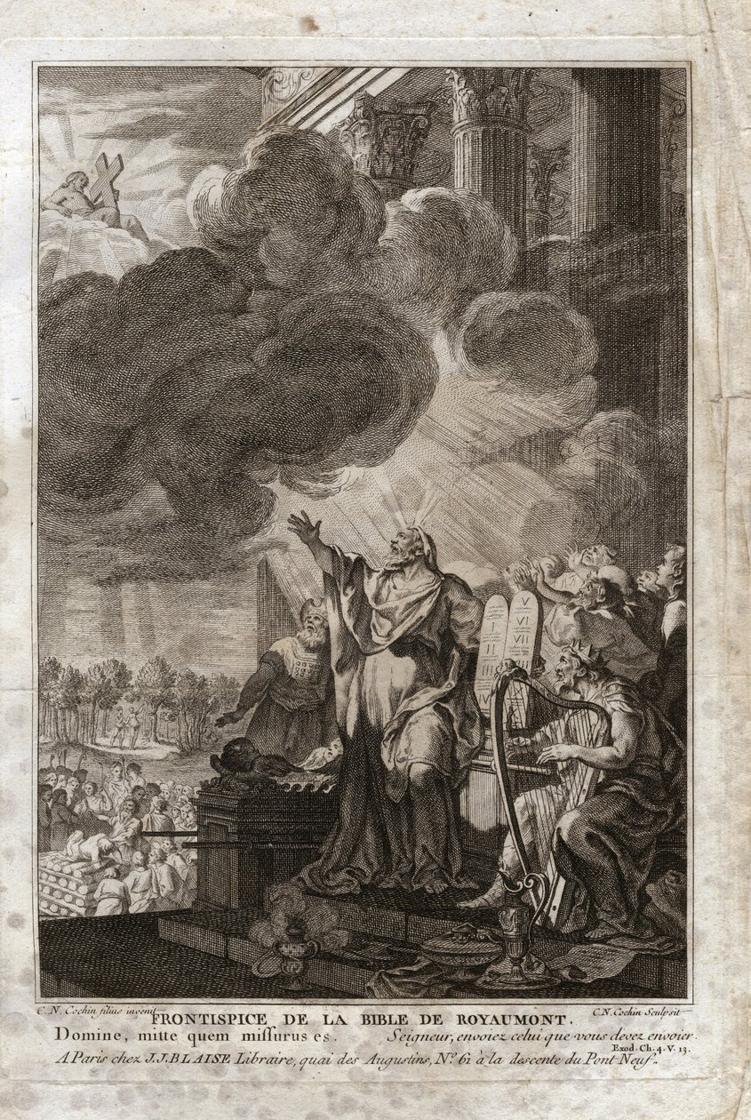 Royaumontin raamattu, Vanha testamentti: Mooses puhuttelee Jumalaa ("Herra, lähetä kenet sinun tulee lähettää"). Frontispice. Kuvitus vuodelta 1811. tekijältä Unknown artist