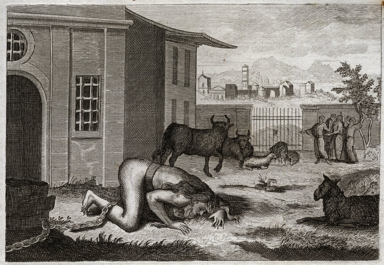 Royaumontin raamattu, Vanha testamentti: Nebukadnessar muuttuu beteeksi. Kuningas Nebukadnessar II muutetaan oikeudenmukaisella rangaistuksellaan ylpeydestään beteiksi. Kuvitus vuodelta 1811. tekijältä Unknown artist