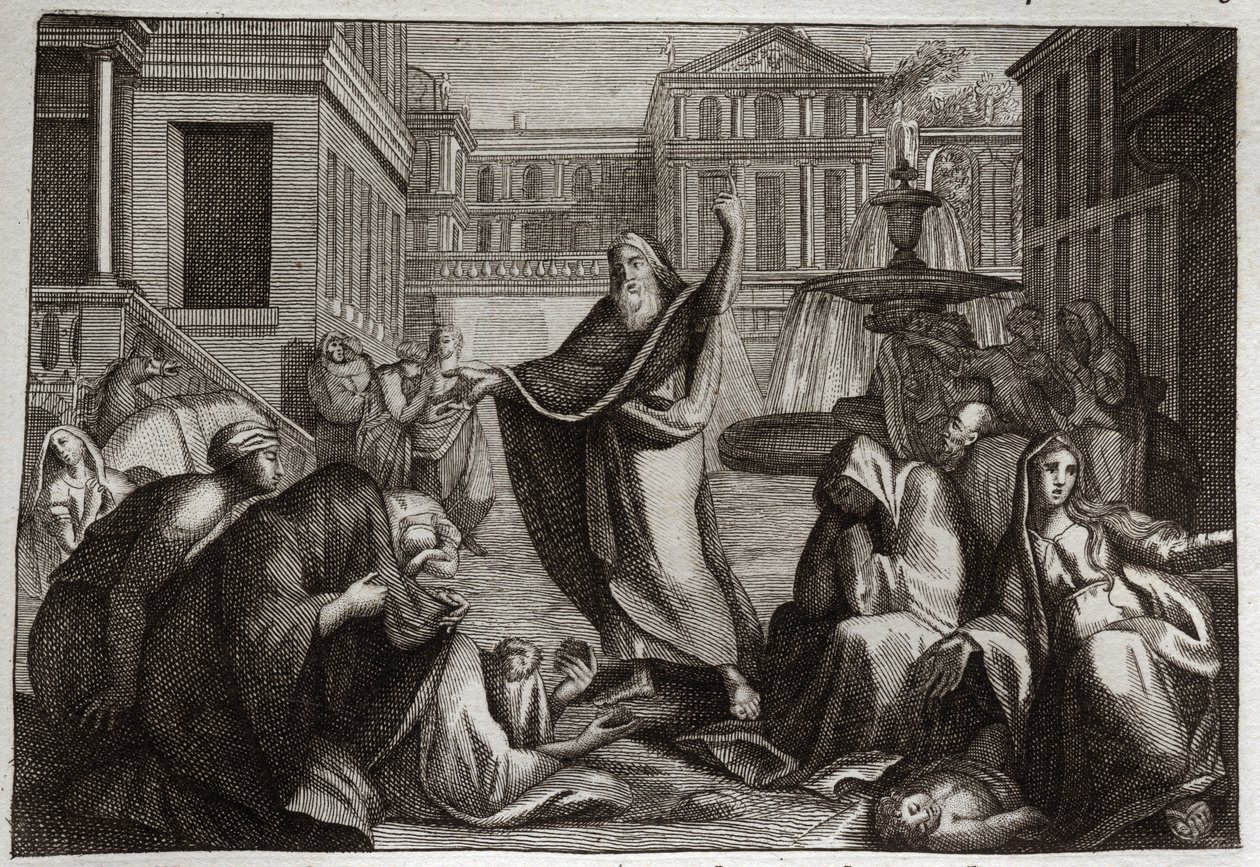 Royaumontin raamattu, Vanha testamentti: Niniviittien katumus. Niniven asukkaat kaikki katuvat pyhän profeetta Joonan ennustuksen mukaan. Kuvitus vuodelta 1811. tekijältä Unknown artist