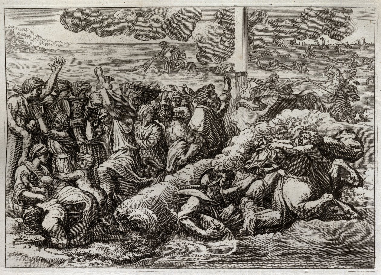 Royaumontin raamattu, Vanha testamentti: Farao uppoaa Punaiseen mereen. Mooseksen ja heprealaisten kulku Punaisenmeren yli hukuttaen faraon armeijan. Kuvitus vuodelta 1811. tekijältä Unknown artist
