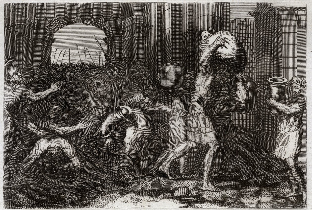 Royaumontin raamattu, Vanha testamentti: Eliseen ennustus. Samarian herra, joka on eksyttänyt Eliisen sanat, on ahtautunut hänen jalkojensa juureen. Kuvitus vuodelta 1811. tekijältä Unknown artist