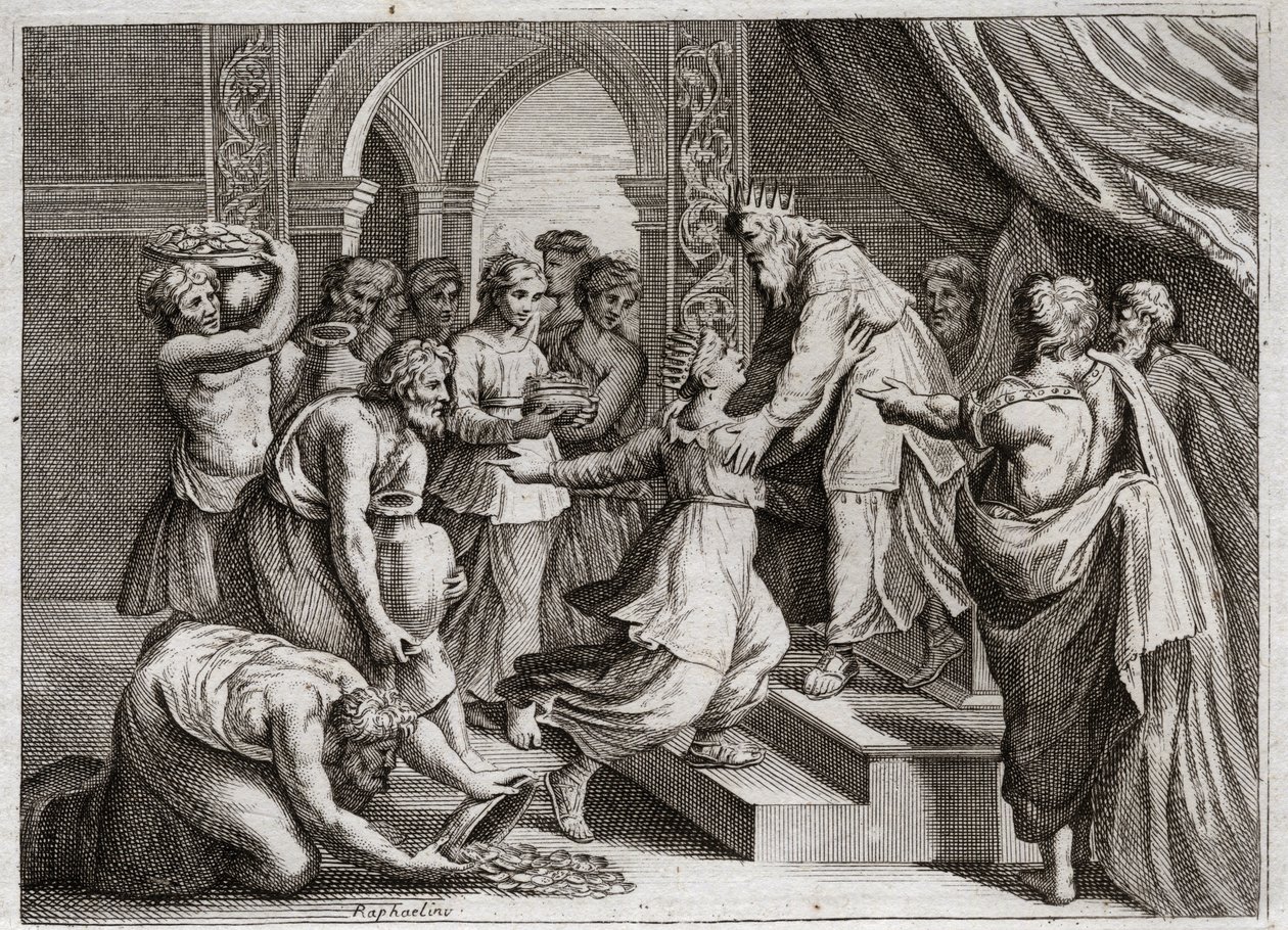 Royaumontin raamattu, Vanha testamentti: Saban kuningatar. Saban kuningatar tulee Salomon luo kuuntelemaan hänen viisauttaan ja tarjoamaan hänelle lahjoja. Kuvitus vuodelta 1811. tekijältä Unknown artist