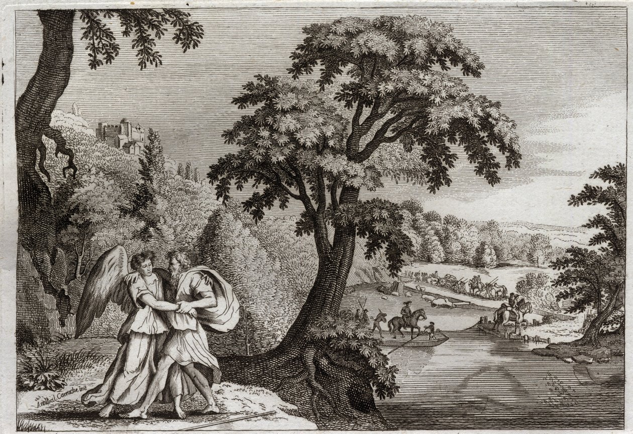 Royaumontin raamattu, Vanha testamentti: Esaun sovinto Jaakobin kanssa. Jaakobin viisaus pehmentää Esauta. Hänen taistelunsa enkelin kanssa. Kuvitus vuodelta 1811. tekijältä Unknown artist