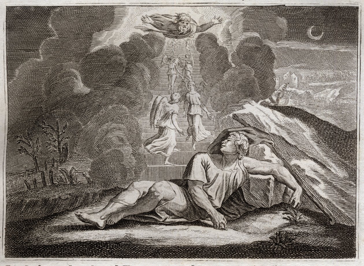 Royaumontin raamattu, Vanha testamentti: Jaakobin vaaka. Jaakob pakenee Esaun vihaa ja elää salaperäisillä tikkailla. Kuvitus vuodelta 1811. tekijältä Unknown artist