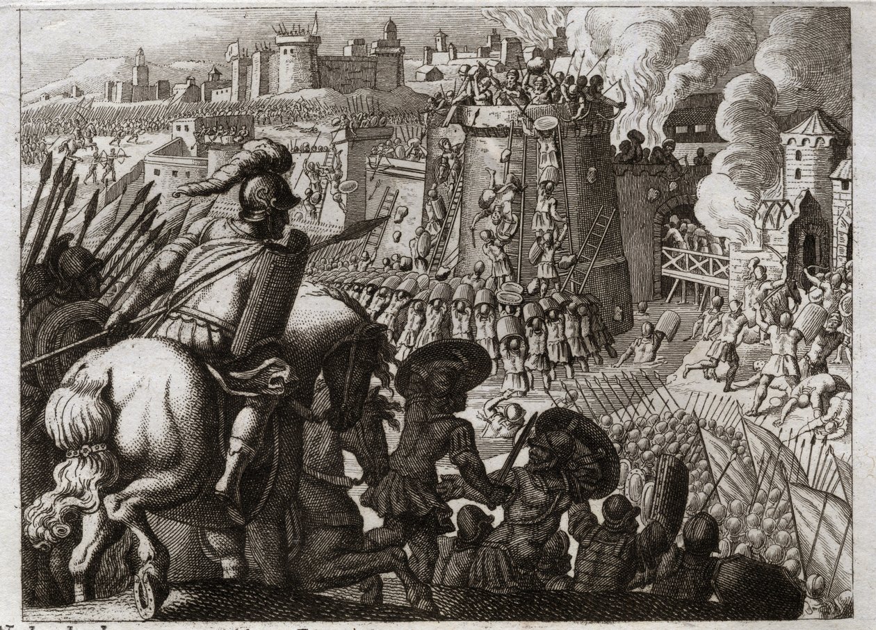 Royaumontin raamattu, Vanha testamentti: Jerusalemin piiritys. Nebukadnessar II piiritti Jerusalemin, valloitti sen ja toi kaikki sen kaupungin rikkaudet ja kaikki asukkaat Babyloniin. Kuvitus vuodelta 1811. tekijältä Unknown artist