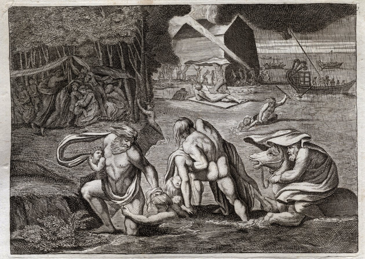 Royaumontin raamattu, Vanha testamentti: Vedenpaisumus. Vedenpaisumus tulvii koko maan. Ainoa arkki pelastaa ne, jotka olivat siihen lukittuina, tästä uppoamisesta. Kuvitus vuodelta 1811. tekijältä Unknown artist