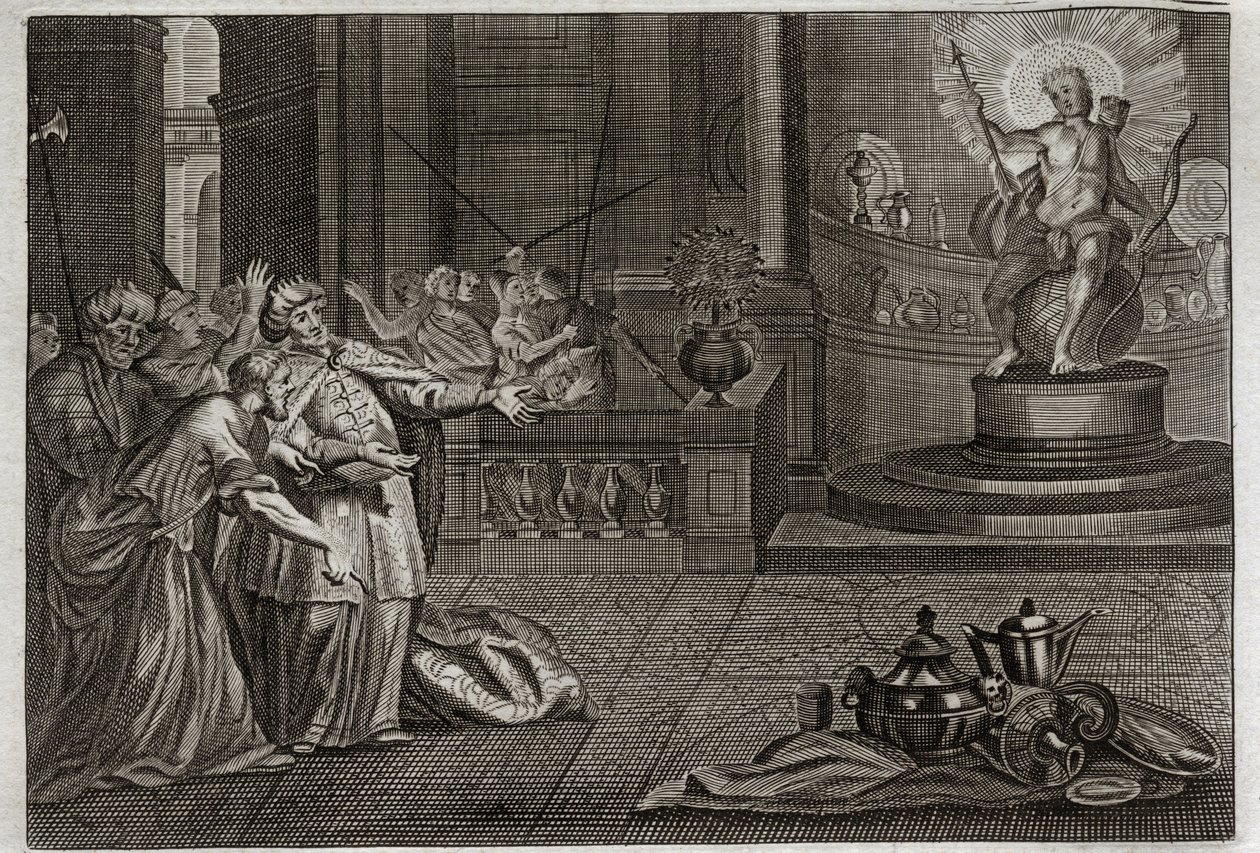 Royaumontin raamattu, Vanha testamentti: Belin epäjumala. Daniel tuhosi Belin epäjumalan ja tappoi lohikäärmeen, jota babylonialaiset palvoivat. Kuvitus vuodelta 1811. tekijältä Unknown artist