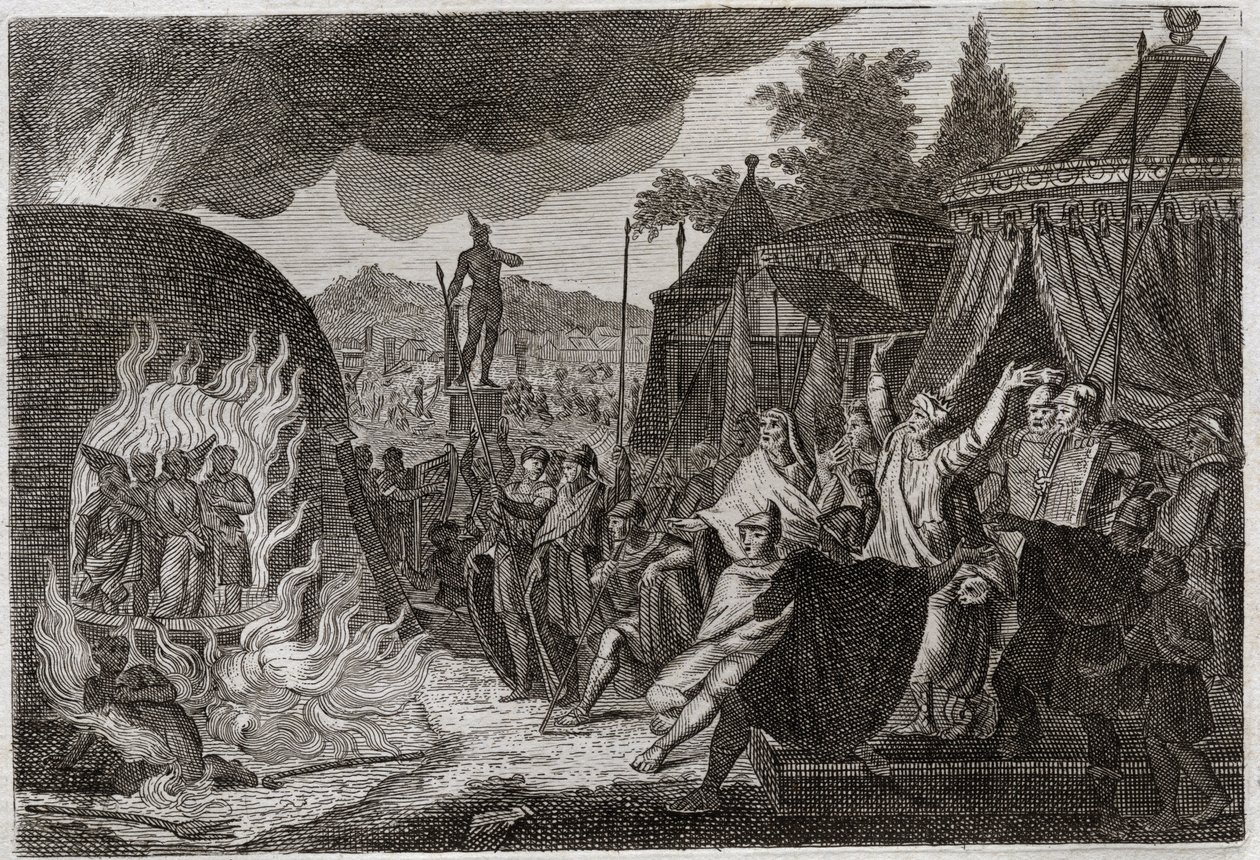 Royaumontin raamattu, Vanha testamentti: Kolme Babylonin lasta uunissa. Kuningas Nebukadnessar II heittää kolme nuorta heprealaista miestä palavaan uuniin, josta he pääsevät ihmeen kautta eroon. Heitä kutsutaan Ananiakseksi, Azariaksi ja Misaeliksi (tai Sh tekijältä Unknown artist