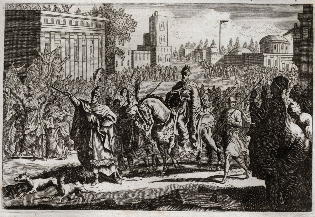 Royaumontin raamattu, Vanha testamentti: Mardocheen voitto. Kuningas pakottaa Amanin (Hamanin) julkaisemaan vihollisensa Mardocheen (tai Mordekhain tai Mordekain) voiton koko Susanin (tunnetaan paremmin nimellä Susa) kaupungissa. Kuvitus vuodelta 1811. tekijältä Unknown artist