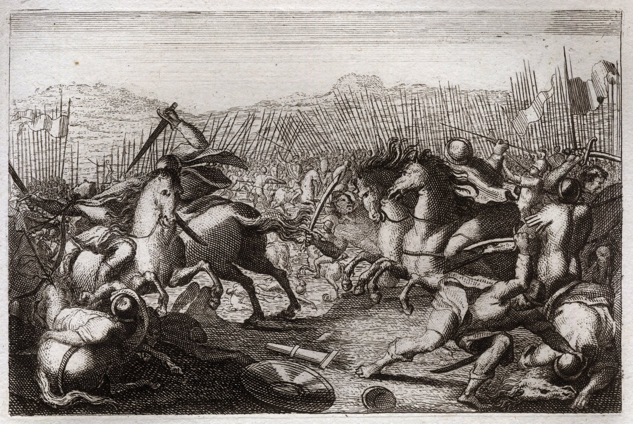 Royaumontin raamattu, Vanha testamentti: Juudaksen voitto. Juudas Makkabee (Maccabee, Maccabee) voitti Apolloniuksen, Seronin, Ptolemaios Macronin, Gorgiaksen, Nikanorin ja Lysiaksen erilaisissa taisteluissa. Kuva osoitteesta tekijältä Unknown artist