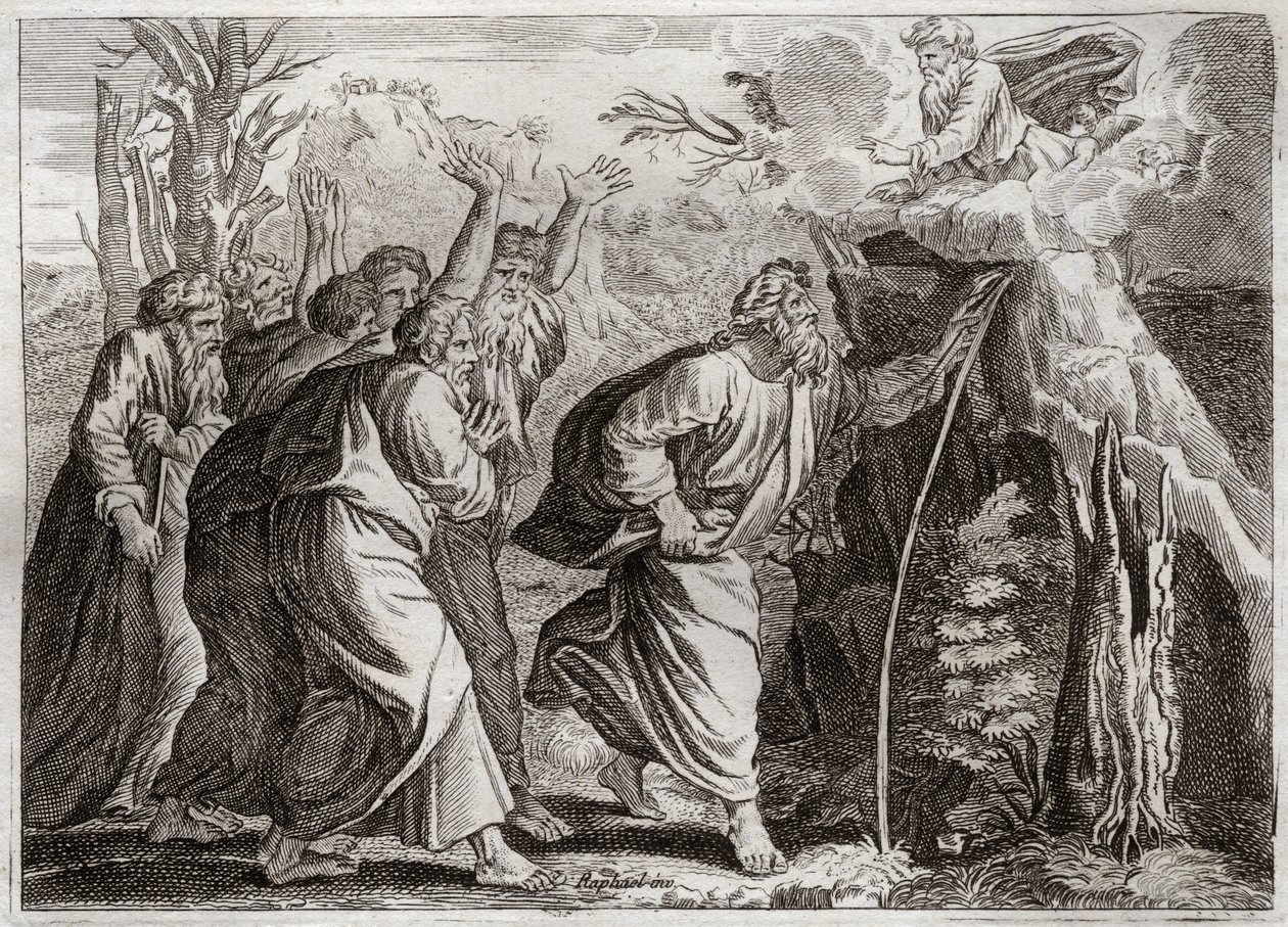 Royaumontin raamattu, Vanha testamentti: Vesi kalliolta. Mooses tuo vettä kalliosta ja juottaa Israelin kansaa. Kuvitus vuodelta 1811. tekijältä Unknown artist