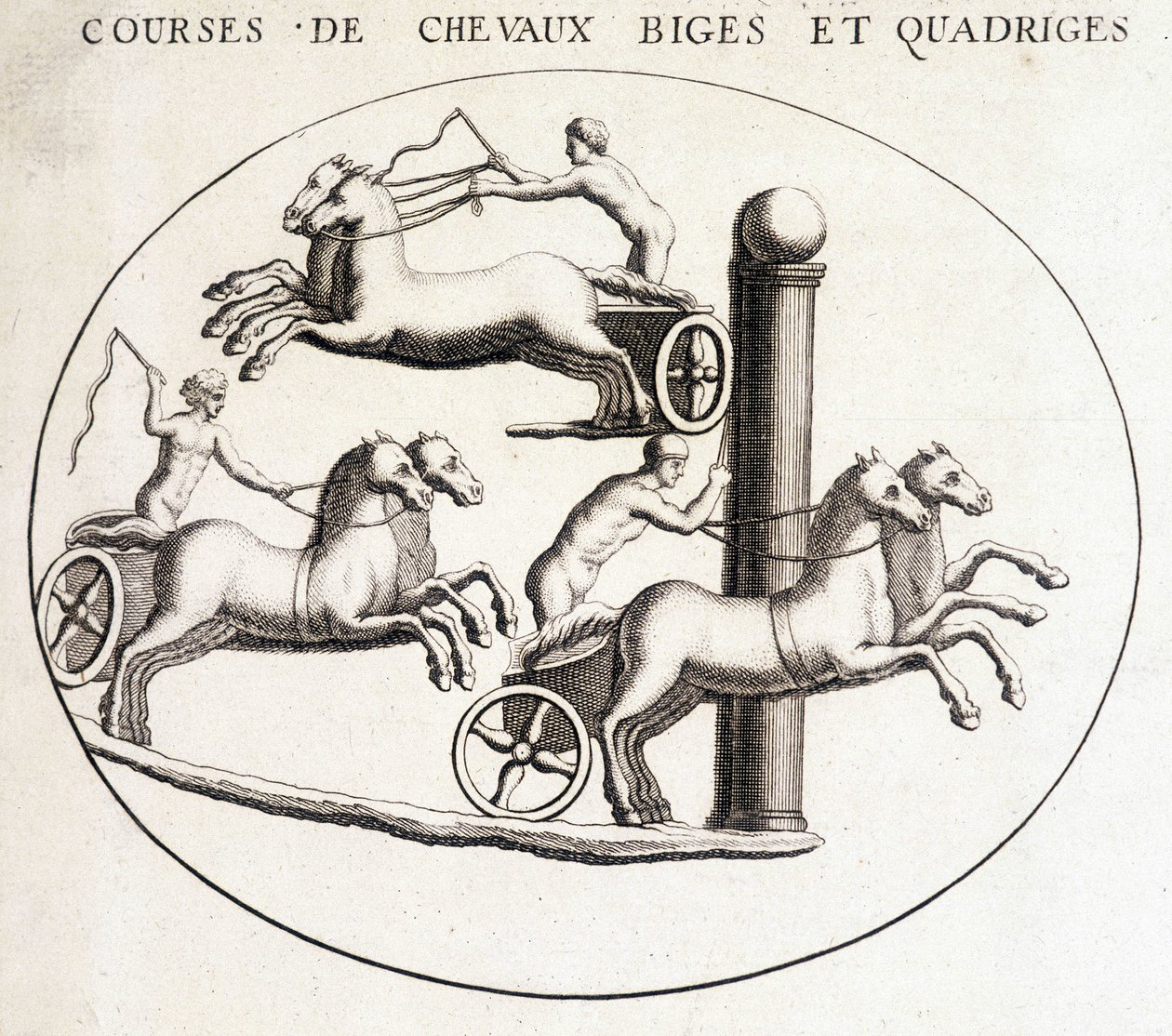 Biges ja quadriges hevoskilpailut. 1800-luvun kaiverrus. tekijältä Unknown artist