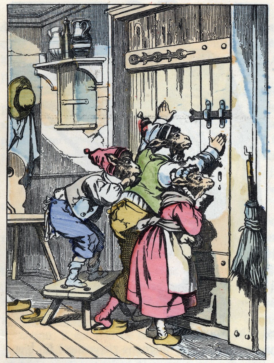 Biketit kuuntelevat, kuka oveen koputtaa. Kuva tarinasta "Compere le Loup, Maitre Renard, Comere la Chevre et ses petits biquets" Jean de la Fontainen tarun mukaan. "" Tarinoita kodista pienimmille"". Anonyymi kaiverrus numerosta 1 tekijältä Unknown artist