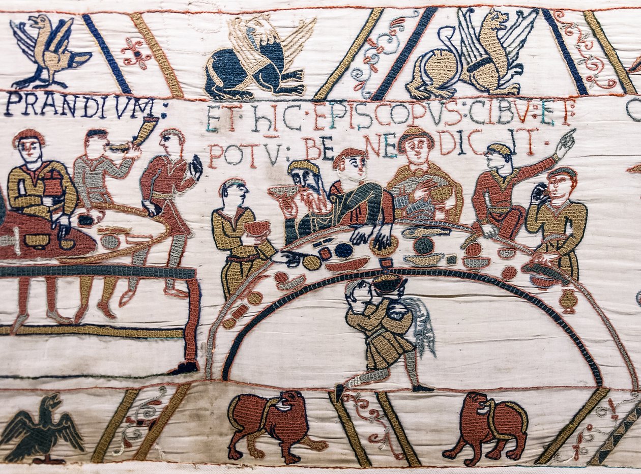 Piispa Odo siunaa ruokaa ja viiniä, Bayeux Tapestry (villakirjonta pellavalle) tekijältä Unknown artist