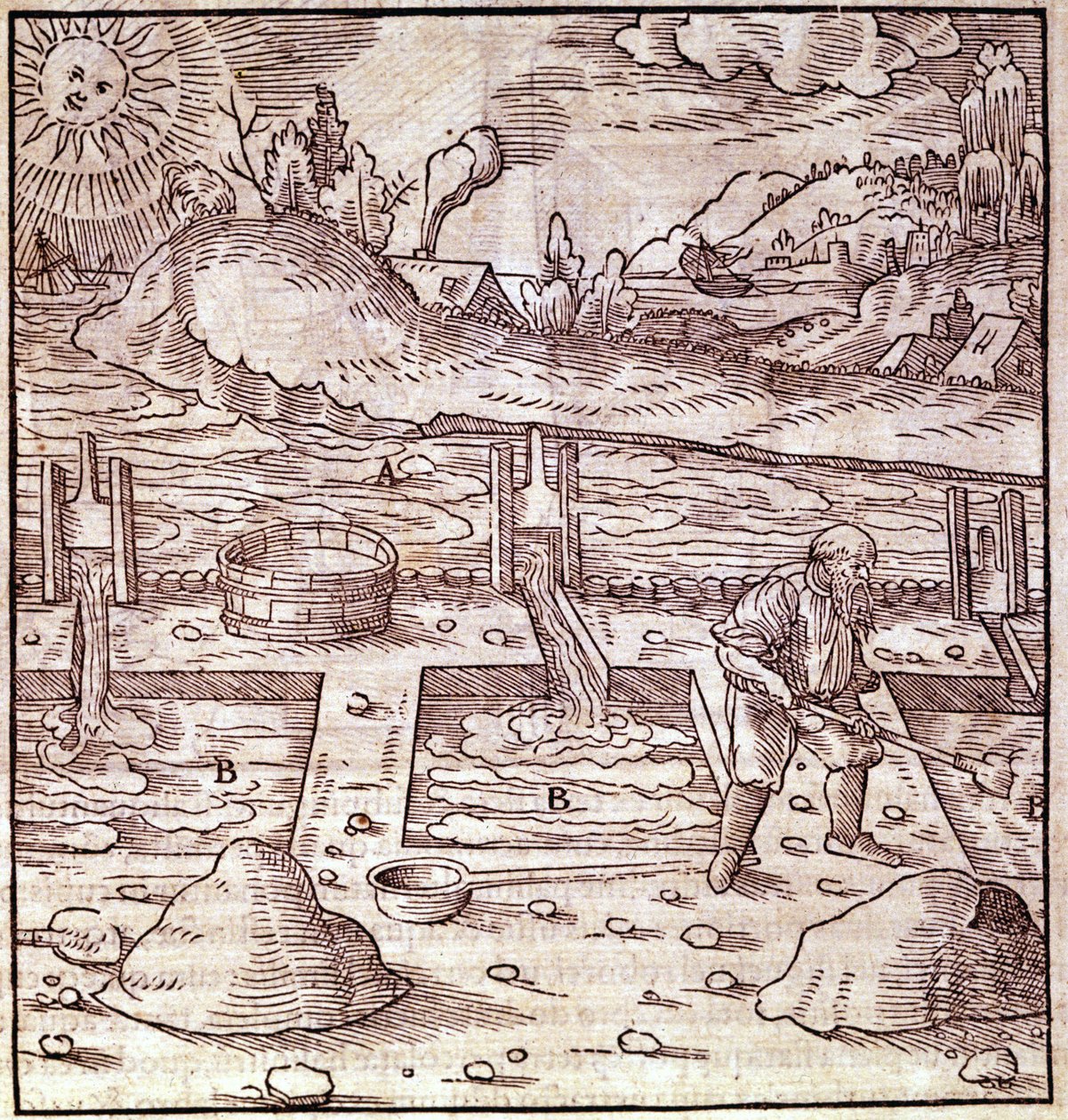 Bitumin talteenotto. Georg Bauer ”” Agricola De Re metallica”” 1400-luvun kirja. Bibl. Milanon tiedemuseosta. tekijältä Unknown artist
