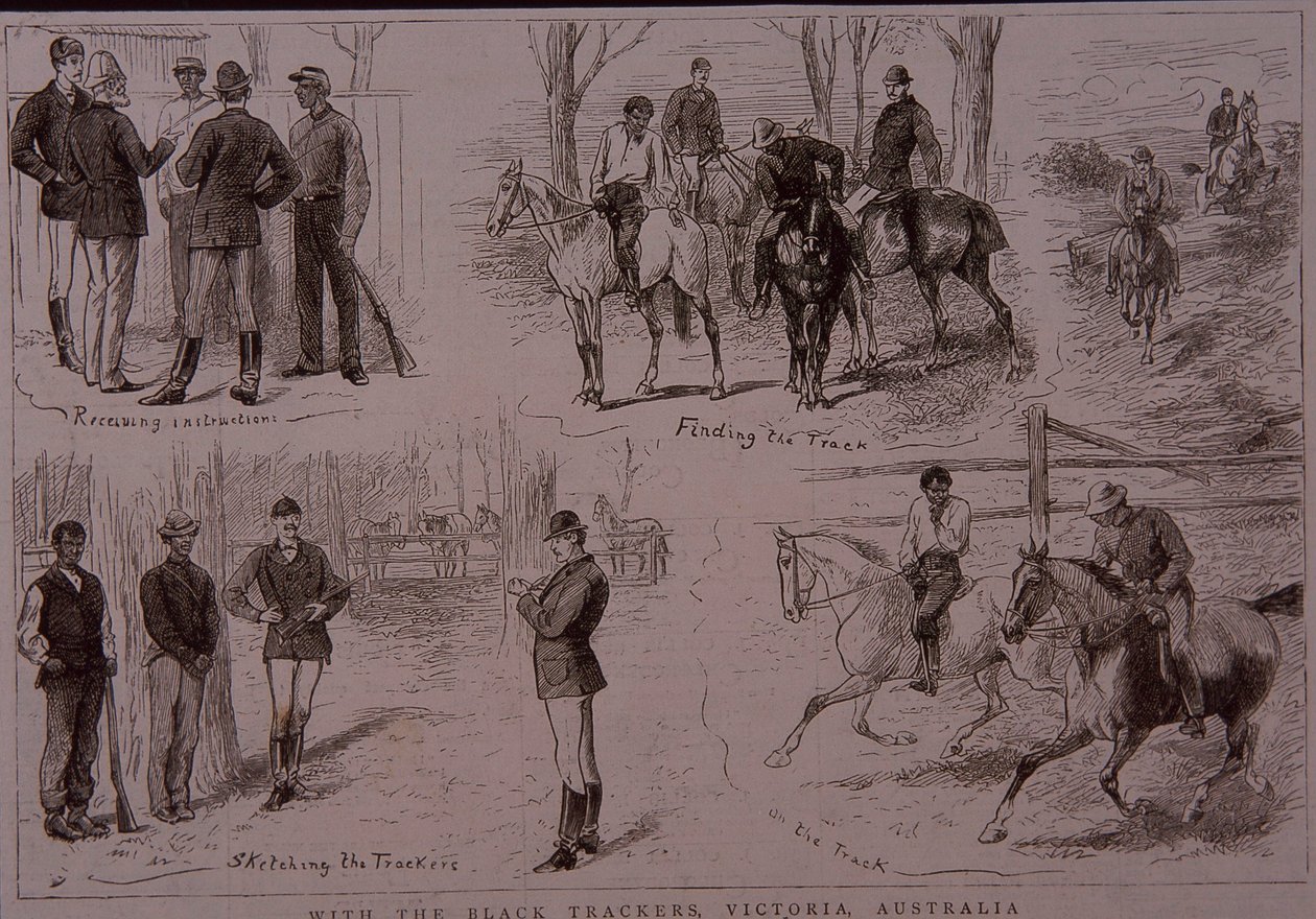 Black Trackers bushrangersin jäljillä Victoriassa, Australiassa vuonna 1881 (kaiverrus) tekijältä Unknown artist
