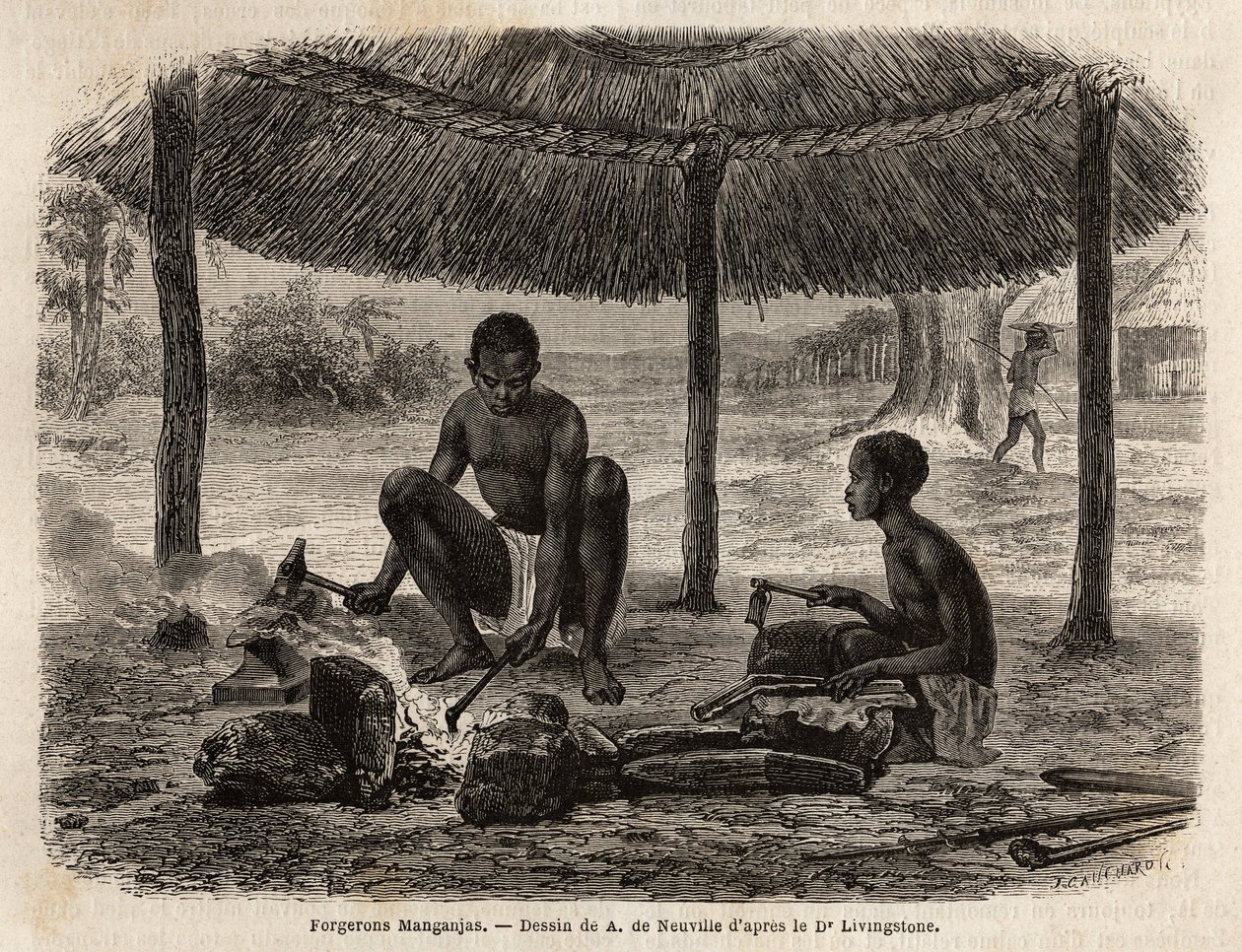 Seppämanganjat (Zambezen alueen etninen ryhmä). Kaiverrus havainnollistamaan tohtori Livingstonen ensimmäisiä matkoja Etelä-Afrikkaan vuosina 1840–1856 Edouard Chartonin johdolla julkaistussa "Le tour du monde, nouveau journal des voyages" -julkaisussa tekijältä Unknown artist