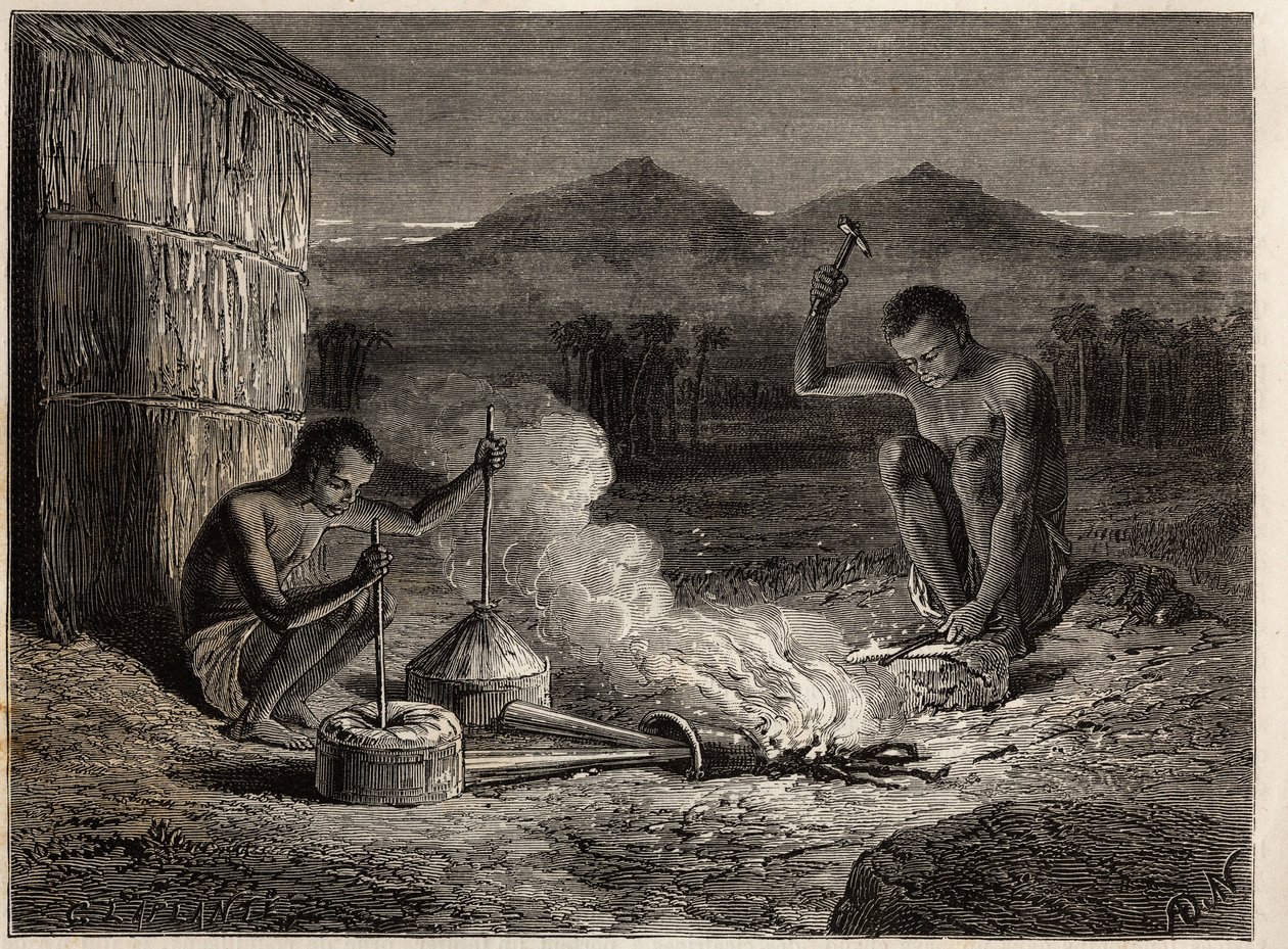 Sepät Simiangossa, Zambesejoen rannalla. Kaiverrus havainnollistamaan tohtori Livingstonen ensimmäisiä matkoja Etelä-Afrikkaan vuosina 1840–1856 Edouard Chartonin johdolla julkaistussa "Le tour du monde, nouveau journal des voyages" -julkaisussa tekijältä Unknown artist