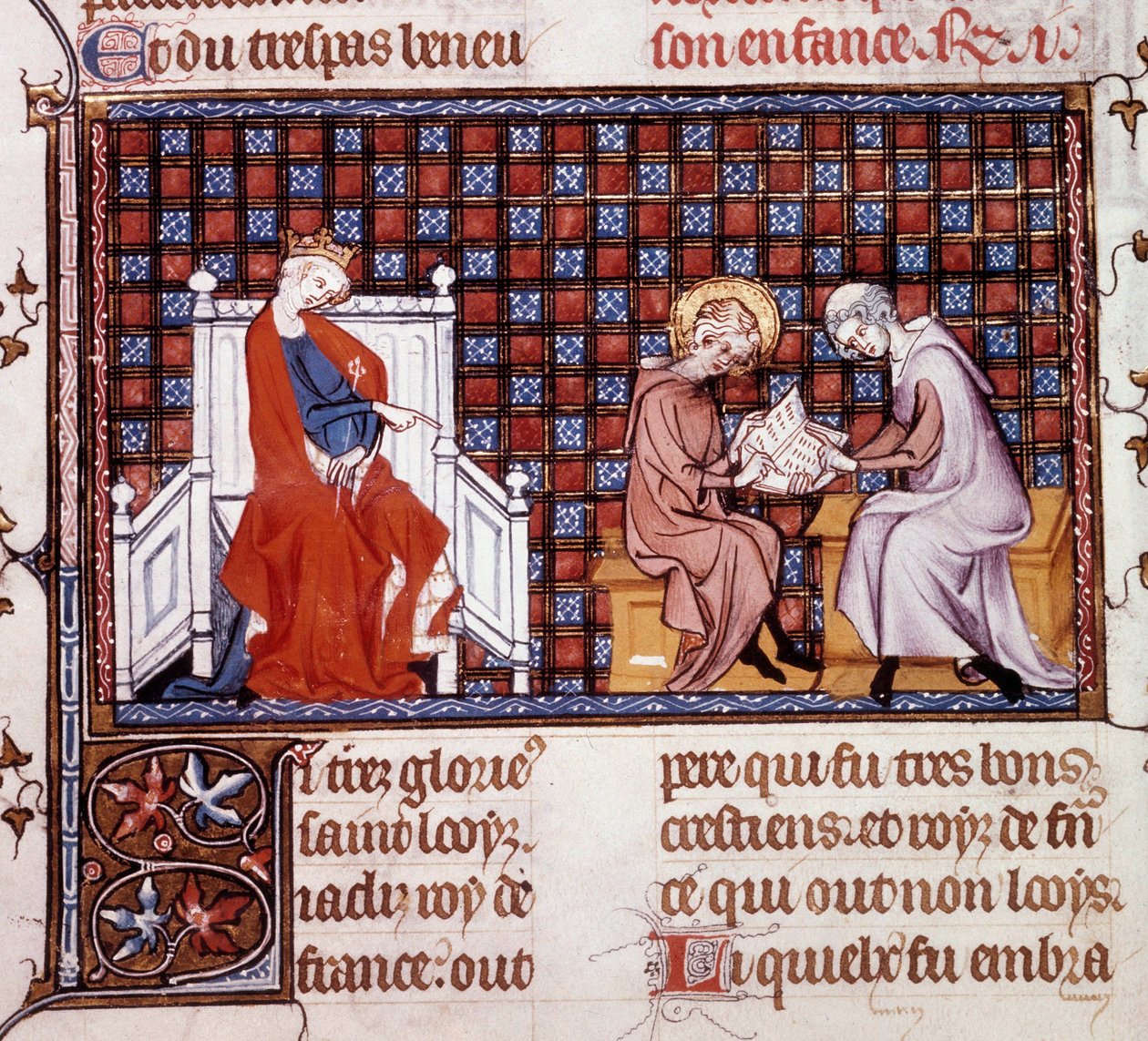 Blanche de Castille, Ranskan kuningatar (1188-1252), ohjasi poikansa Ludvig IX:n (1214-1270) koulutusta (Saint Louisin miniatyyri William of Saint Pathusin käsikirjoituksesta "Saint Louisin elämä ja ihmeet" tekijältä Unknown artist