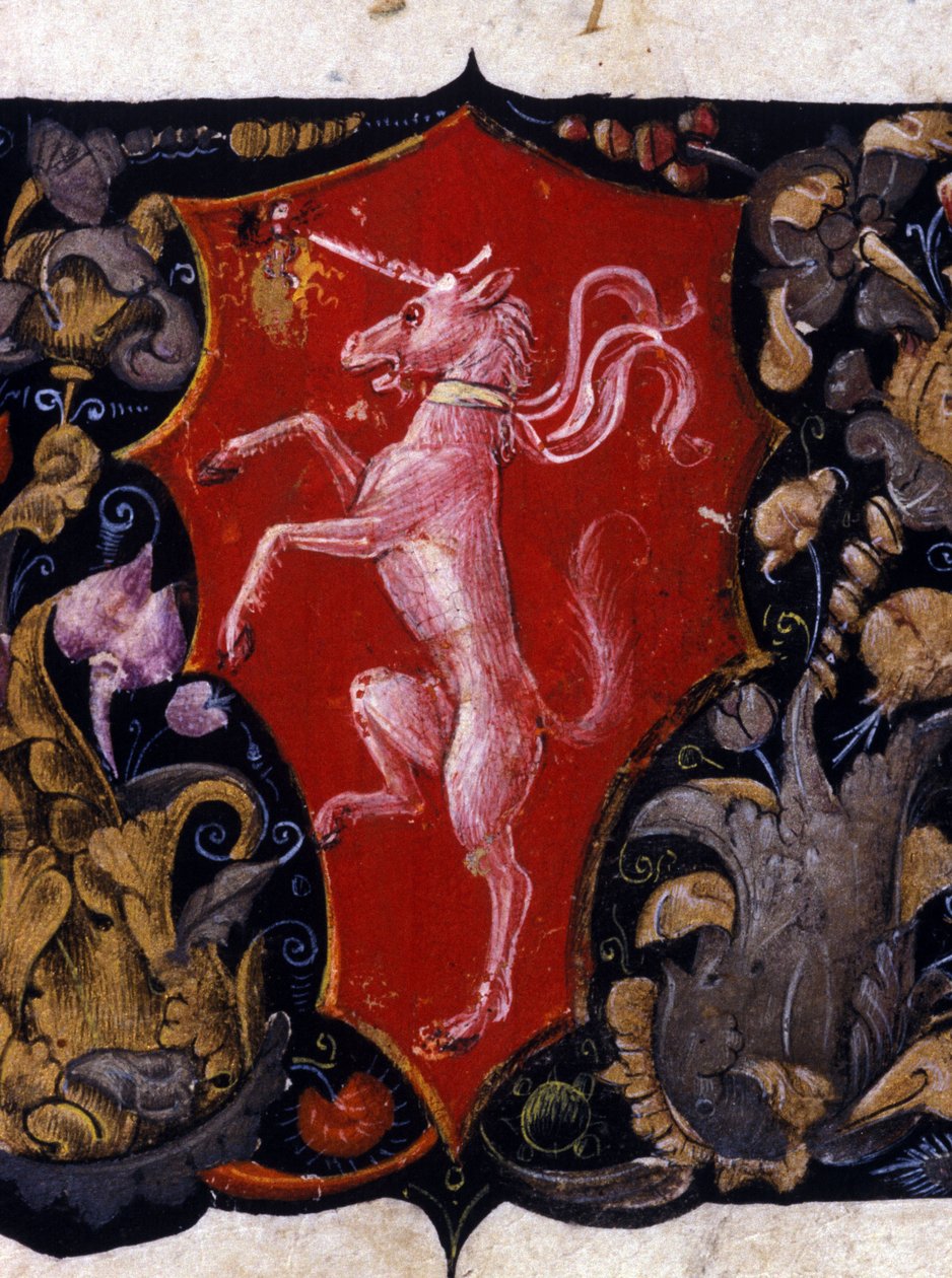 Blazon koristaa yksisarvista punaisella taustalla. Miniatyyrin yksityiskohta. 15-luvulla tekijältä Unknown artist