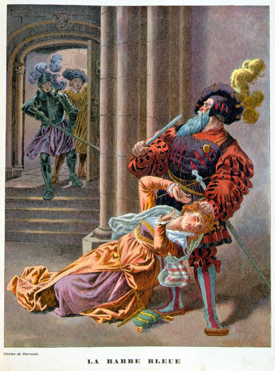 Sininen parta (yllättynyt ottaa naista hiuksista). 1800-luvun kuvitus. tekijältä Unknown artist