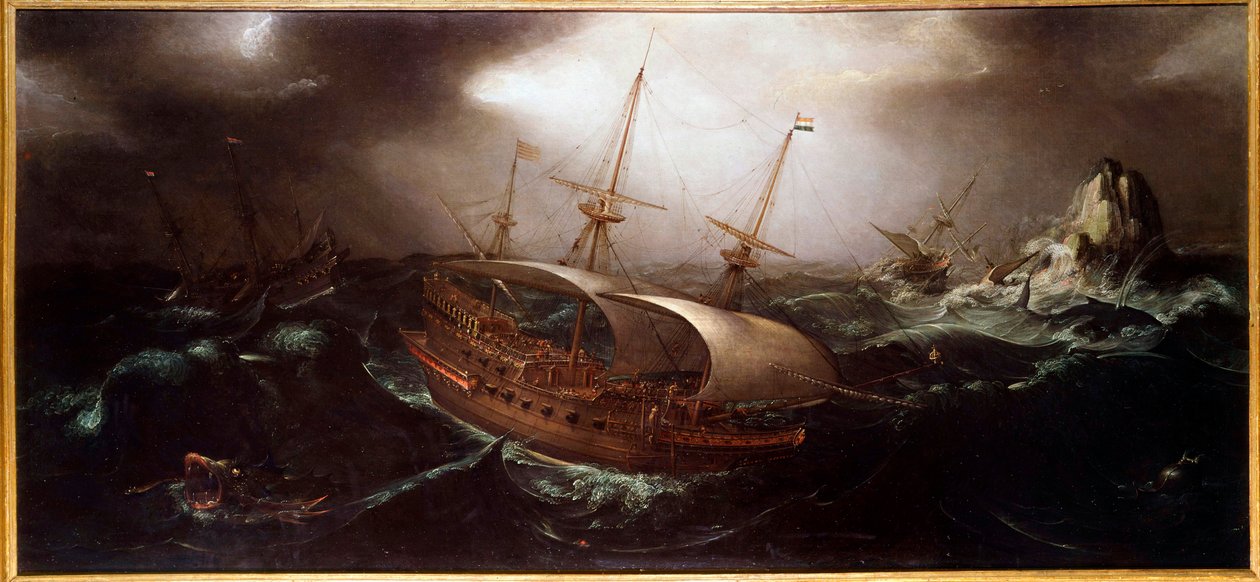 Veneitä Tempete Anonymous -maalauksessa. 1600-luvun Pariisi, merimuseo tekijältä Unknown artist