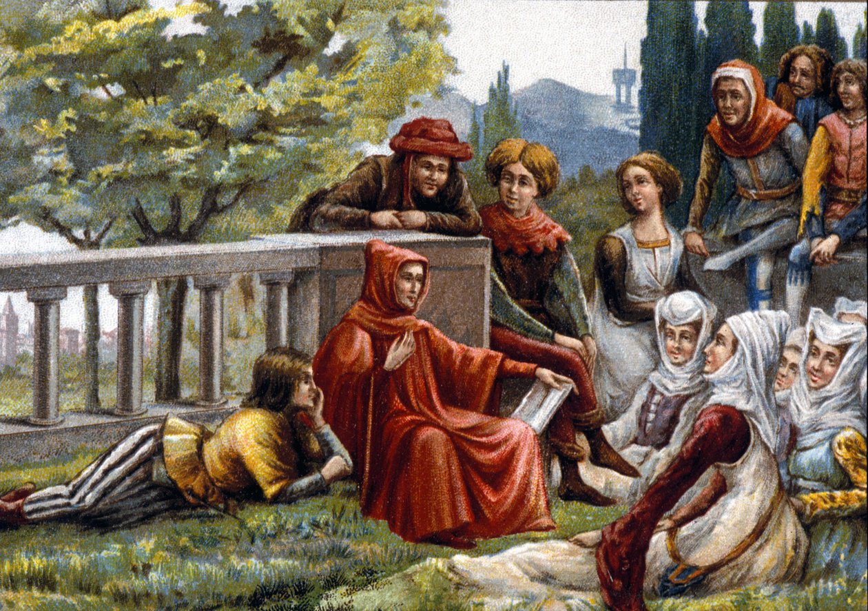 Boccaccio (Boccaccio) lukee Dekameronia ystävilleen ruttoepidemian aikana Firenzessä noin 1348. 1800-luvun lopun kromolitografia. tekijältä Unknown artist