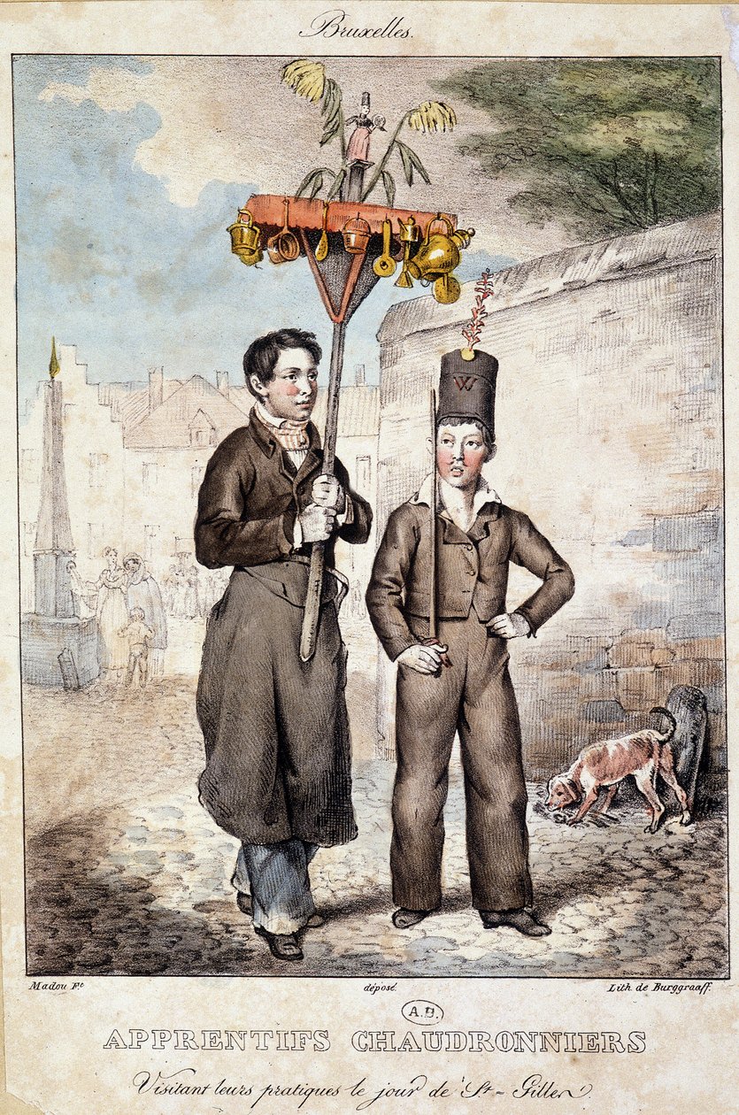 Kattilanvalmistajat vierailevat harjoituksissaan St Gillenin päivänä (Bryssel) - Litografia, deb. 1800-luvulla tekijältä Unknown artist