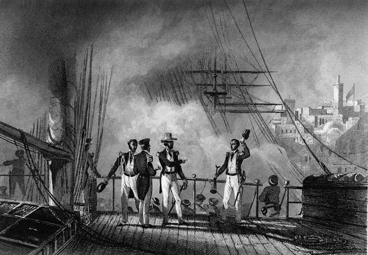 Joinvillen prinssi pommitti Tangeria. Van Tenacin teoksessa "General History of the Navy". tekijältä Unknown artist