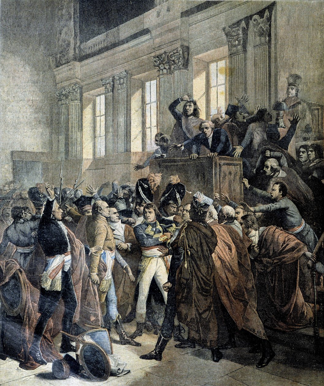 Bonaparte 18 brumairen vallankaappauksessa Saint Cloudin viiden sentin neuvoston (Cinq Cents) kamarissa (salle des 500) - julkaisussa "" Le Petite Journal", 03/1893 tekijältä Unknown artist