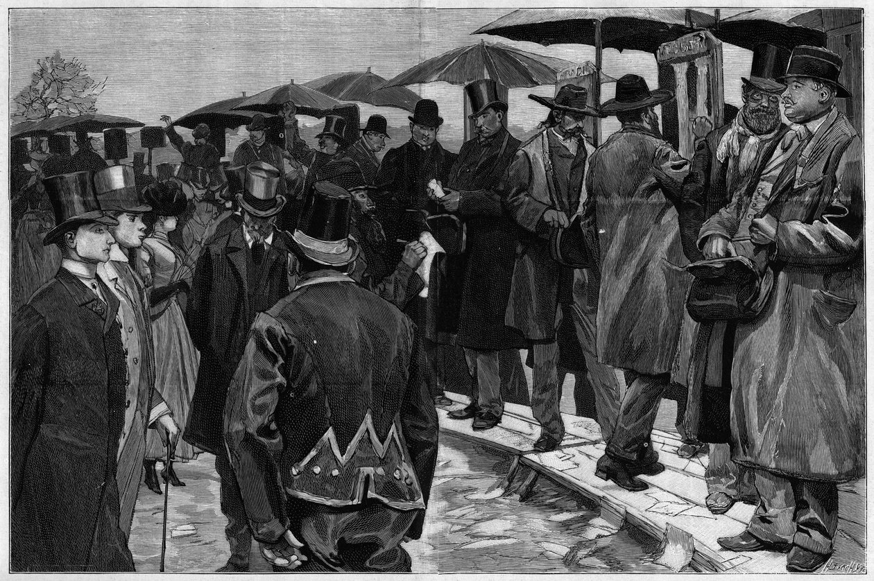 Vedonvälittäjät Auteuilin kilparadalla ennen pikettien poistamista "" Le Monde Illustréssa"" 1887. tekijältä Unknown artist