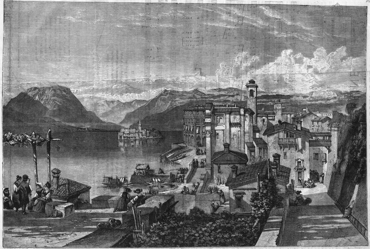 Borromees-saaret Maggiore-järvellä (Maggiore-järvi Lombardiassa) Italiassa: Näkymä Isola Bellasta (Ila-Bella). Kaiverrus "" L