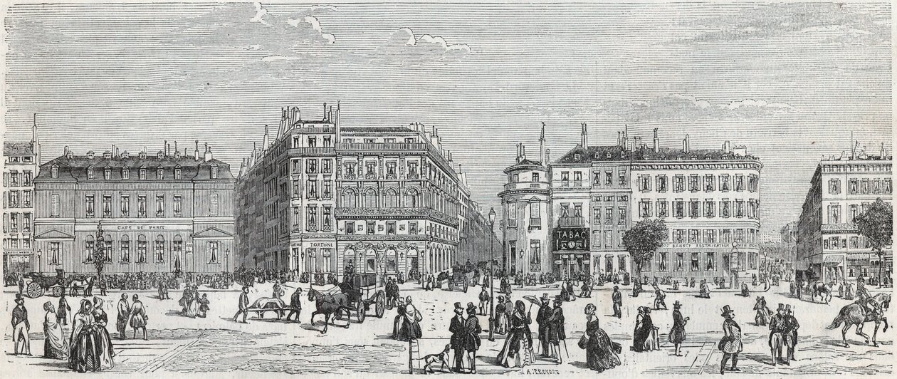 Boulevard des Italians ja café de Paris, rue Taitbout, talo doree, rue Lafitte, kahvila Riche ja rue Lepelletier - Kaiverrus "Tableau-de-Paris" Edmond Texier 1852 tekijältä Unknown artist