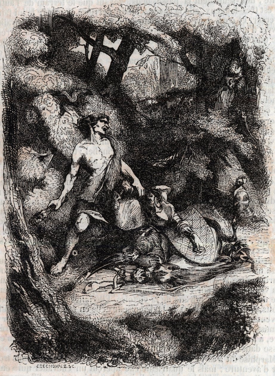 Jättiläisen Bradamante terrassee - kaiverrus vuodelta 1851 Ludovico Ariostosta "" Furious Roland"" (Orlando furioso) (1500-luku), joka tunnetaan nimellä Ariosta - Tressanin kreivi käännös italiasta ja kustantaja Gustave Harvard 1851 tekijältä Unknown artist