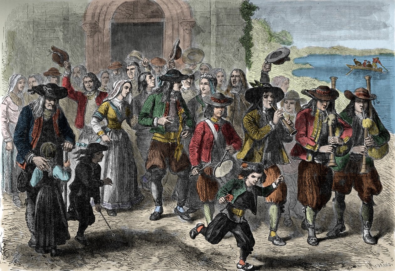 Breton tapa: pari nuorta avioliittoa kirkon uloskäynnissä. Kortegen yläosassa ovat binioun ja rummun soittajat. Treguennec, Finistere (29) tekijältä Unknown artist