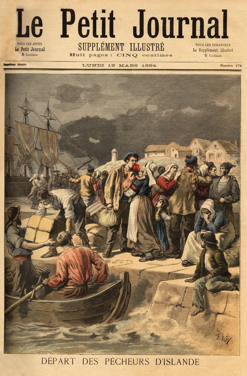 Bretonilaiset merimiehet lähtevät Paimpolista keväällä etsimään turskaa Islannin tai Newfoundlandin (Newfoundland) rannikolta. Kaiverrus "" Le petit Journal" -lehdessä 19/03/1894. Selvan kokoelma. tekijältä Unknown artist