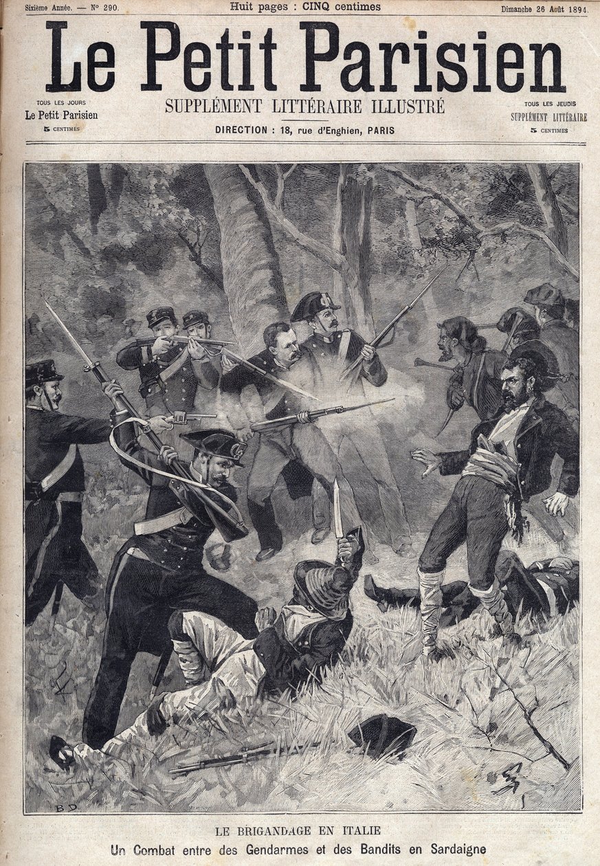 Prikaati Italiassa: santarmien ja rosvojen välinen taistelu Sardiniassa. (Briganti Sardi, Sardegna) Kaiverrus "" Le Parisien "" tekijältä Unknown artist