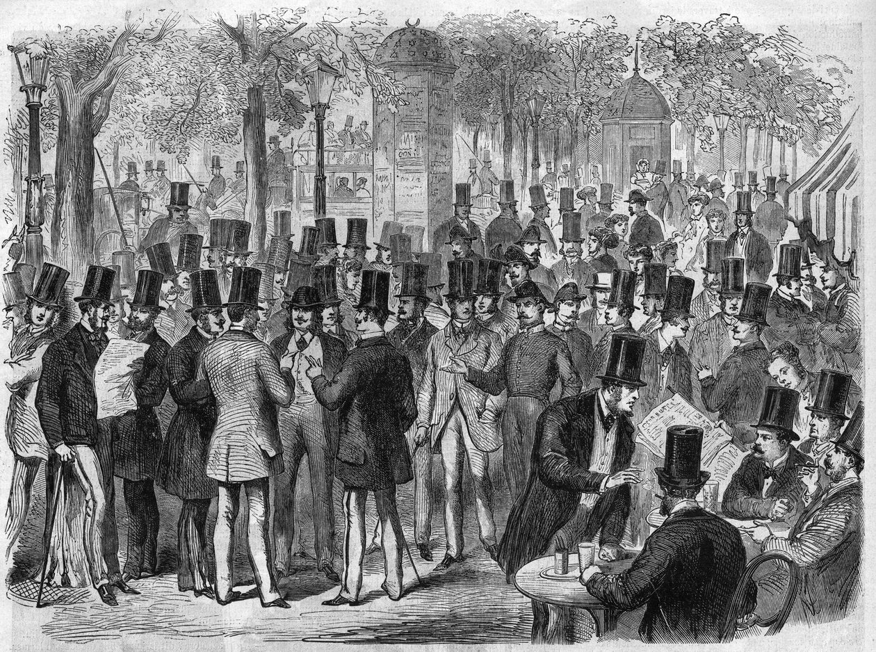 Välittäjät lähellä pientä Bourse du Boulevard des Italiansia Pariisissa, Ranskassa. Kaiverrus kirjaan "The Illustrous Universe" tekijältä Unknown artist